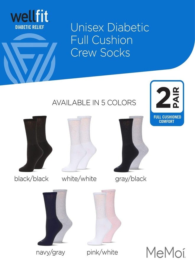 MeMoi Wellfit 2 Pair Unisex Diabetic Full Cushion Crew Socks Pink-White 9-11 - Image 2