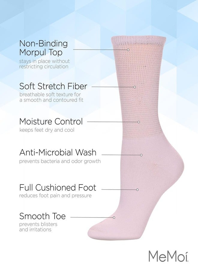 MeMoi Wellfit 2 Pair Unisex Diabetic Full Cushion Crew Socks Pink-White 9-11 - Image 3