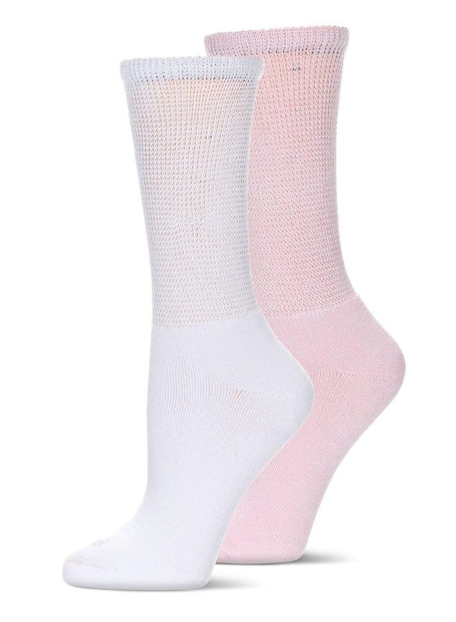 MeMoi Wellfit 2 Pair Unisex Diabetic Full Cushion Crew Socks Pink-White 9-11 - Image 1