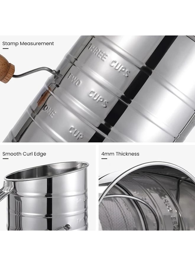 Silvery Stainless Steel 3 Cup Flour Sifter With Manual Crank And Fine Mesh For Baking - Image 5