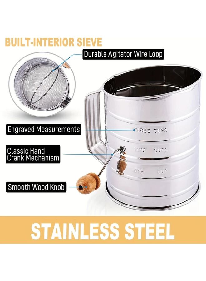 Silvery Stainless Steel 3 Cup Flour Sifter With Manual Crank And Fine Mesh For Baking - Image 4