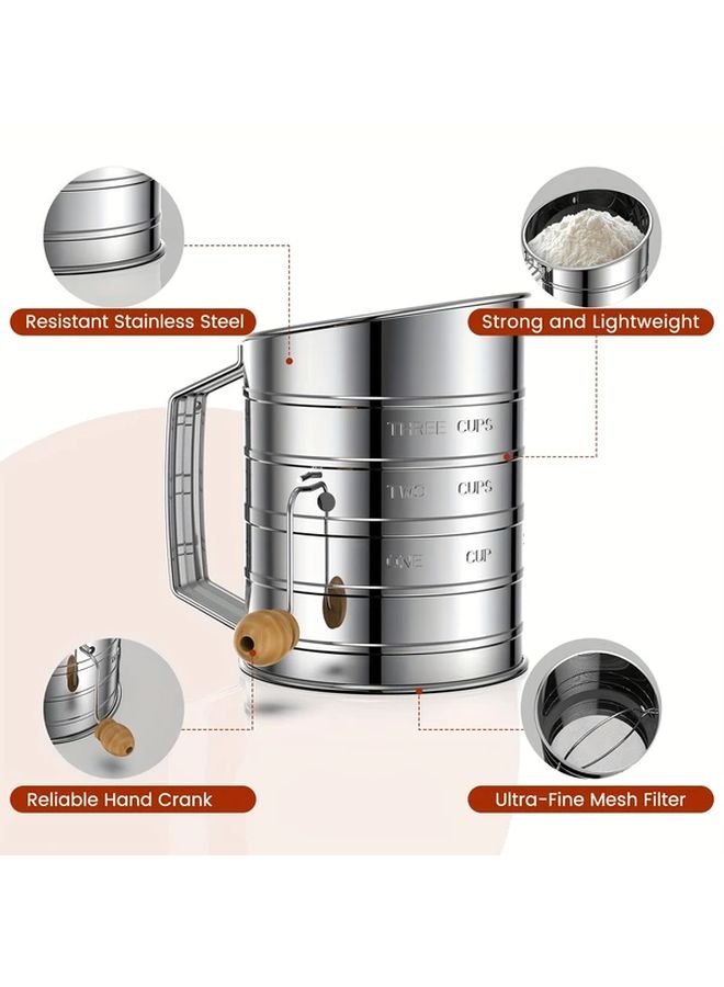Silvery Stainless Steel 3 Cup Flour Sifter With Manual Crank And Fine Mesh For Baking - Image 2