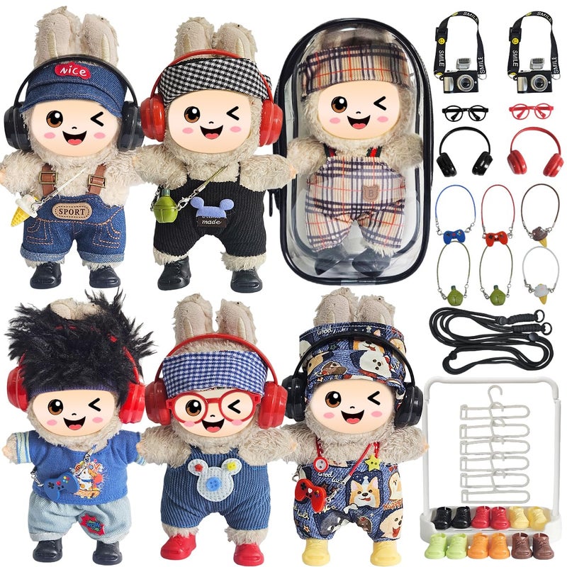 Diaomao 33 Pack Compatible for Labubu Clothes Outfits,Valentines Day Gifts for Her Him,Accessories with 6-Pack Clothes,Camera,6xShoes,Necklaces,Sunglasses,Headphones,Display Rack Storage Bag for 17cm Dolls - Image 1