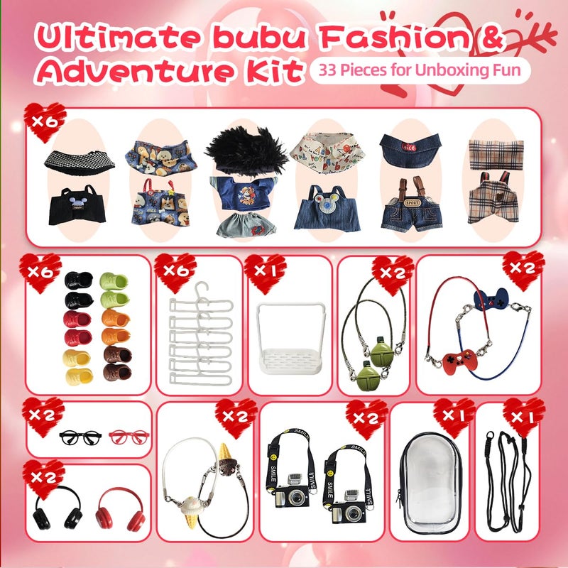Diaomao 33 Pack Compatible for Labubu Clothes Outfits,Valentines Day Gifts for Her Him,Accessories with 6-Pack Clothes,Camera,6xShoes,Necklaces,Sunglasses,Headphones,Display Rack Storage Bag for 17cm Dolls - Image 2
