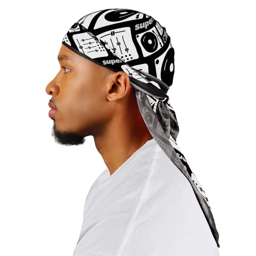Superstitch Supersilky Ultra Silky Durag x Wavebuilder | 30+ Styles Premium Designer Durags for Men | 360 Waves |Black Turntable Pattern (DJ Club) - Image 1