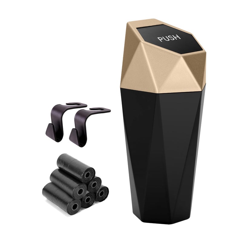Ginsco Car Trash Can Cup Holder, 2 Pack Mini Car Trash Can with Lid, Car Accessories for Interior, Leakproof Small Trash Cup for Car, Home with Additional 2 ABS Hooks and 90pcs Trash Bags Golden - Image 2