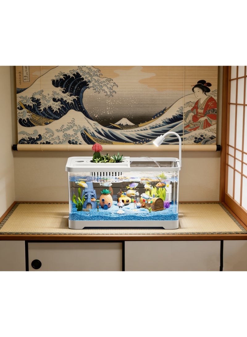 37.6x21x21cm SpongeBob Themed Desktop Aquarium Kit with Filter & LED Light, Small Glass Fish Tank with Planter Top, Betta/Goldfish Tank with Underwater Jewelry for Home Office Decor(8028-L) - Image 2