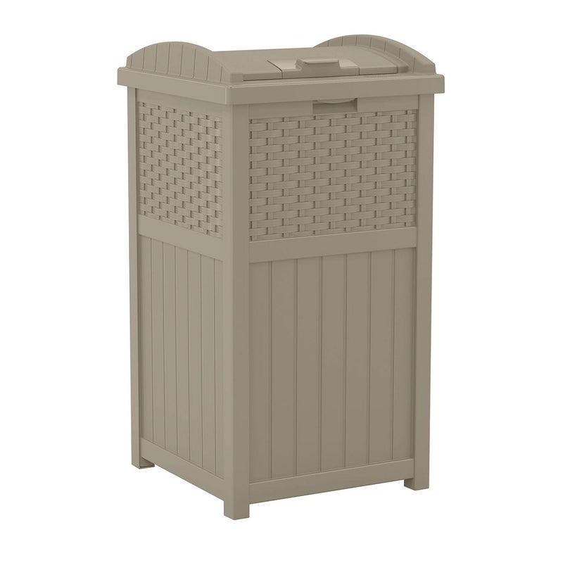 Suncast Hideaway Outdoor Trash Can with Lid - 30 Gallon Trash Can, Dark Taupe, Decorative Wicker-Style Garbage Bin, Weather-Resistant Resin, Fits 30-33 Gallon Bags, Ideal for Patio & Yard, Made in USA - Image 1