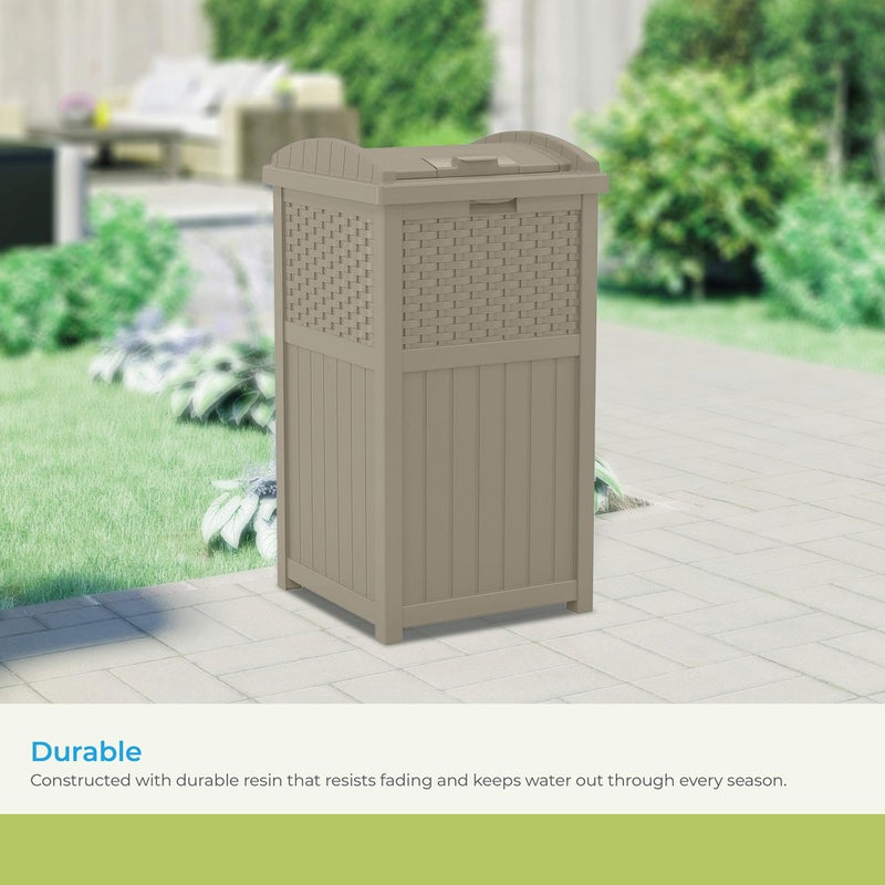 Suncast Hideaway Outdoor Trash Can with Lid - 30 Gallon Trash Can, Dark Taupe, Decorative Wicker-Style Garbage Bin, Weather-Resistant Resin, Fits 30-33 Gallon Bags, Ideal for Patio & Yard, Made in USA - Image 5