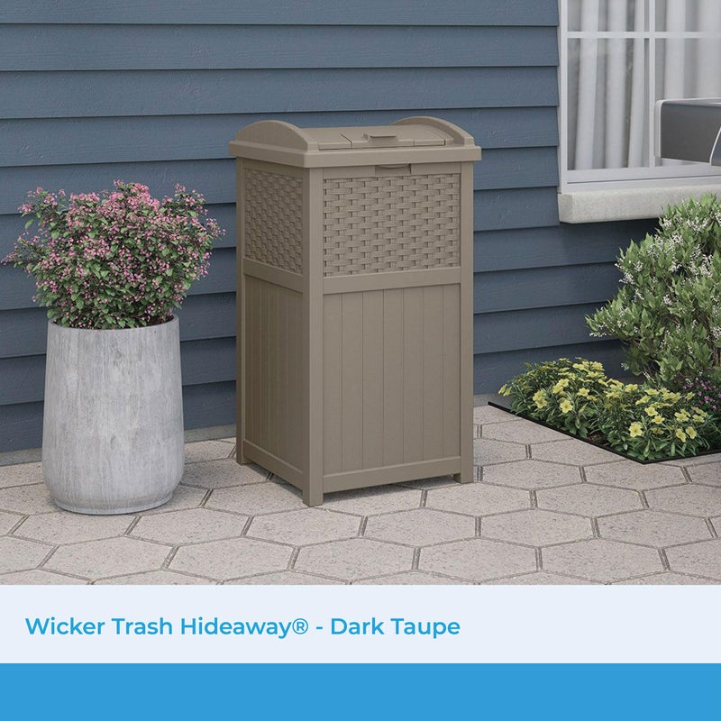 Suncast Hideaway Outdoor Trash Can with Lid - 30 Gallon Trash Can, Dark Taupe, Decorative Wicker-Style Garbage Bin, Weather-Resistant Resin, Fits 30-33 Gallon Bags, Ideal for Patio & Yard, Made in USA - Image 2