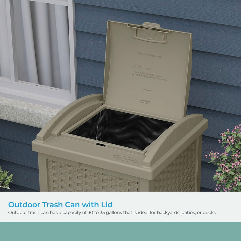 Suncast Hideaway Outdoor Trash Can with Lid - 30 Gallon Trash Can, Dark Taupe, Decorative Wicker-Style Garbage Bin, Weather-Resistant Resin, Fits 30-33 Gallon Bags, Ideal for Patio & Yard, Made in USA - Image 4