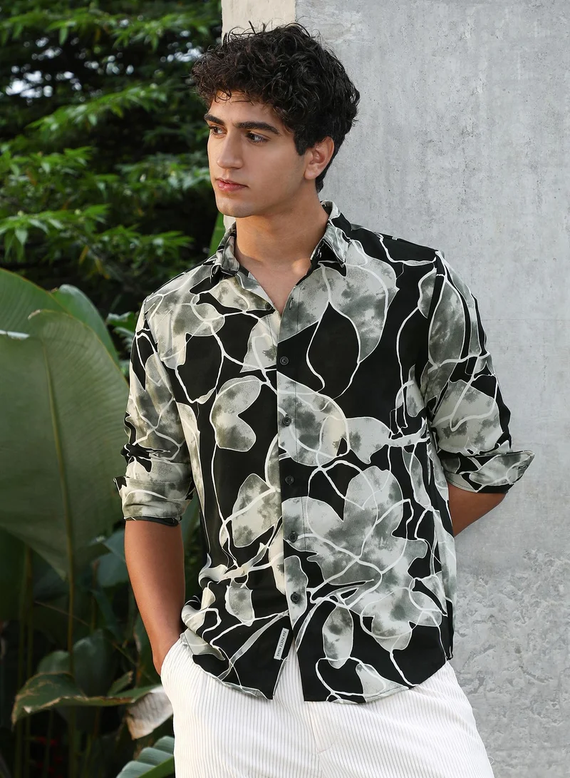 Campus Sutra Campus Sutra Men Artistic-Foliage Lined Imrprint Shirt | Abstract Leaf Print Full Sleeve | Regular Fit Spread Collar Curved Hem | Casual Lightweight Woven Fabric | Obsidian Black & Moon Grey
