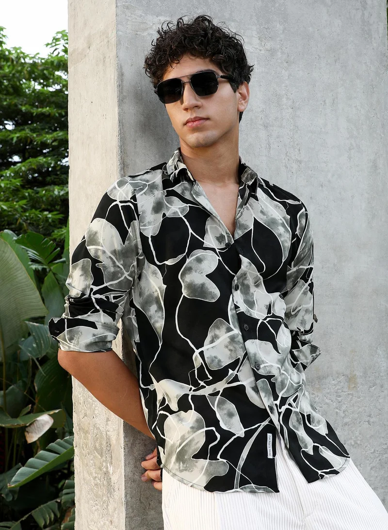 Campus Sutra Campus Sutra Men Artistic-Foliage Lined Imrprint Shirt | Abstract Leaf Print Full Sleeve | Regular Fit Spread Collar Curved Hem | Casual Lightweight Woven Fabric | Obsidian Black & Moon Grey