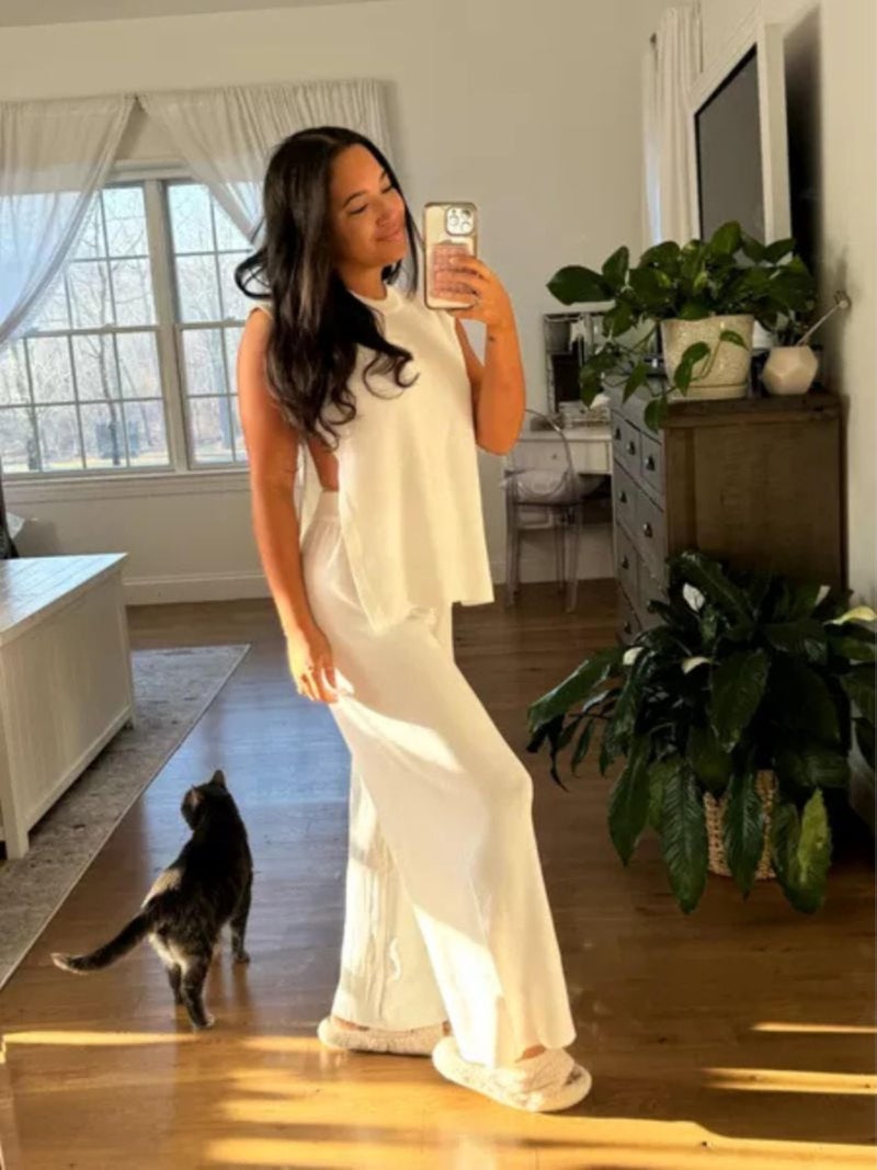 Lviefent Womens 2 Piece Outfits Sweater Set Sleeveless Side Slit Pullover Top Knit Wide Leg Pants Lounge Matching Sets (Beige-XS) - Image 2