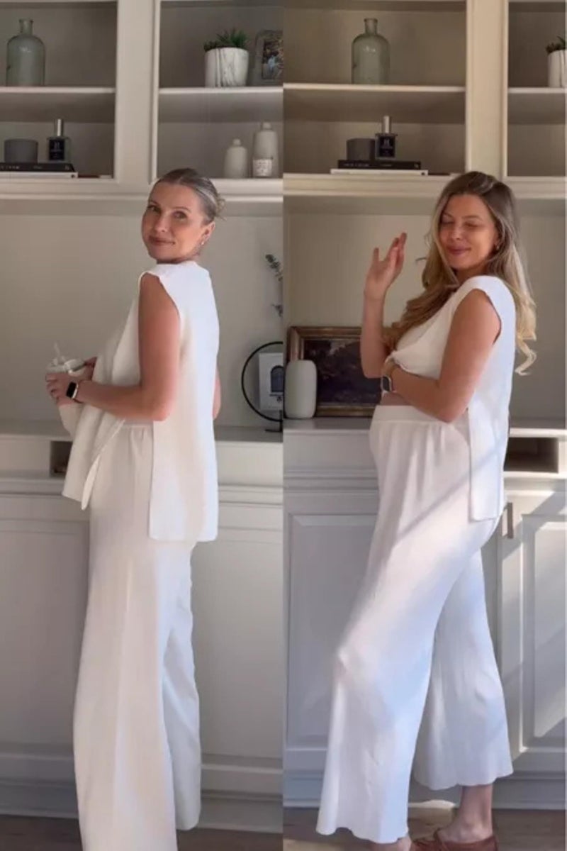 Lviefent Womens 2 Piece Outfits Sweater Set Sleeveless Side Slit Pullover Top Knit Wide Leg Pants Lounge Matching Sets (Beige-XS) - Image 5