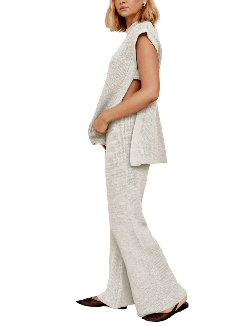Lviefent Womens 2 Piece Outfits Sweater Set Sleeveless Side Slit Pullover Top Knit Wide Leg Pants Lounge Matching Sets (Beige-XS) - Image 1