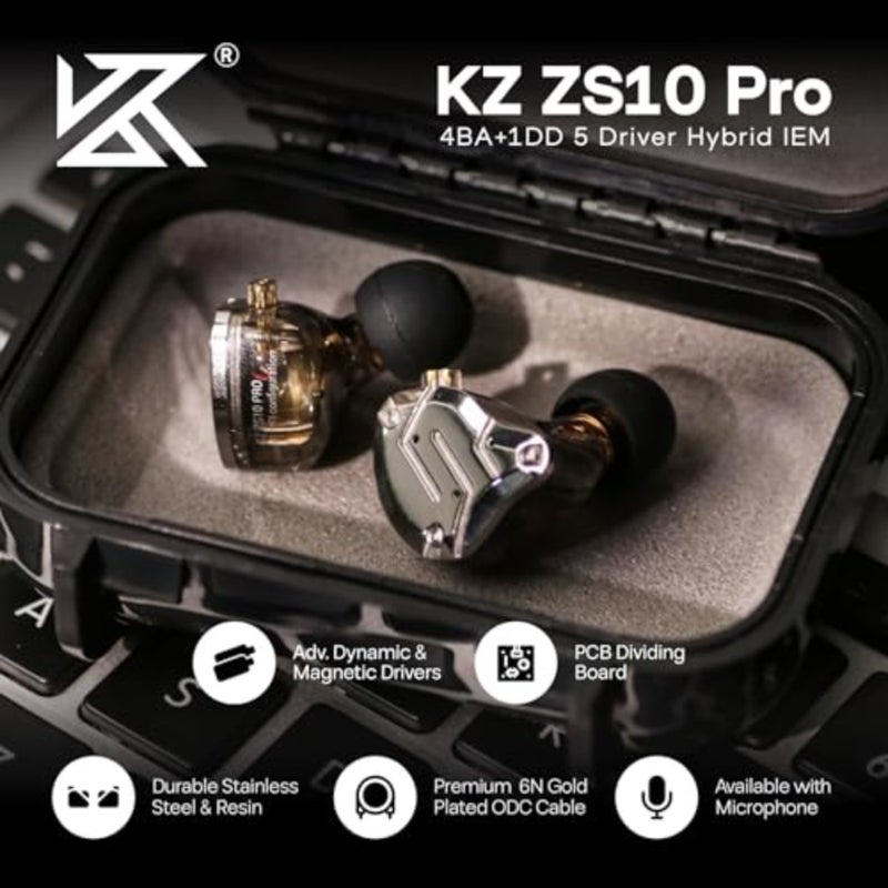 Gaming and HiFi in-ear monitors with stainless steel faceplate, black color, hybrid 5-driver 4BA+1DD design for precise sound staging and deep bass response - Image 2