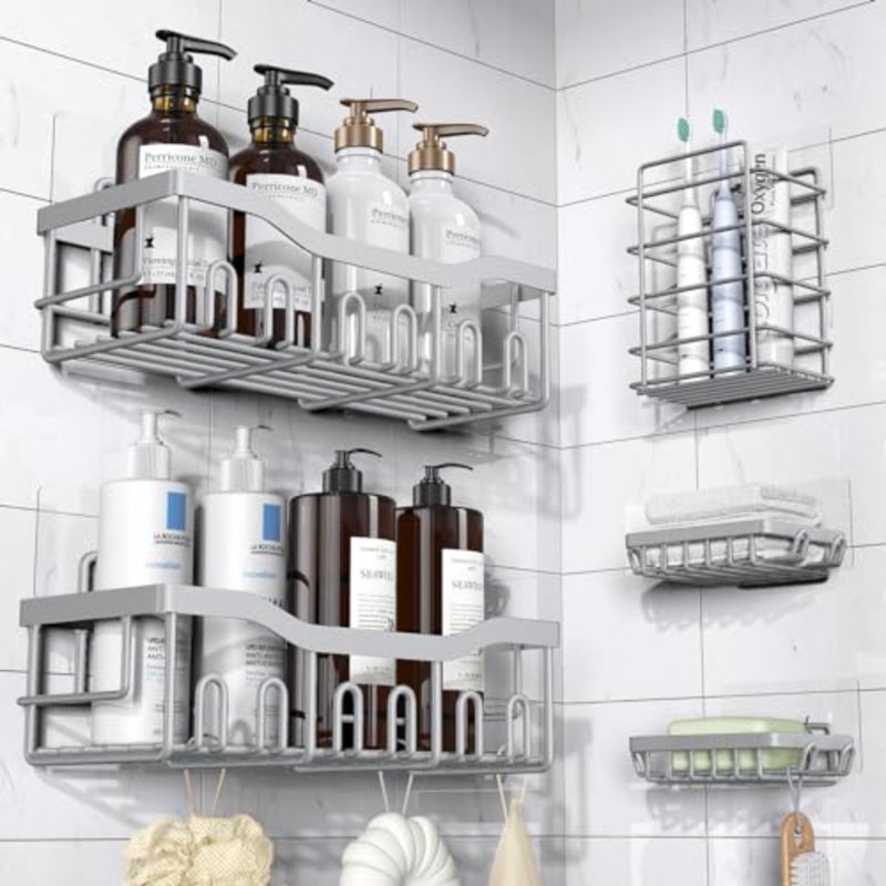 Adhesive Shower Caddy, 5 Pack Rustproof Stainless Steel Bath Organizers With Large Capacity, No Drilling Shelves for Bathroom Storage and Home Decor
