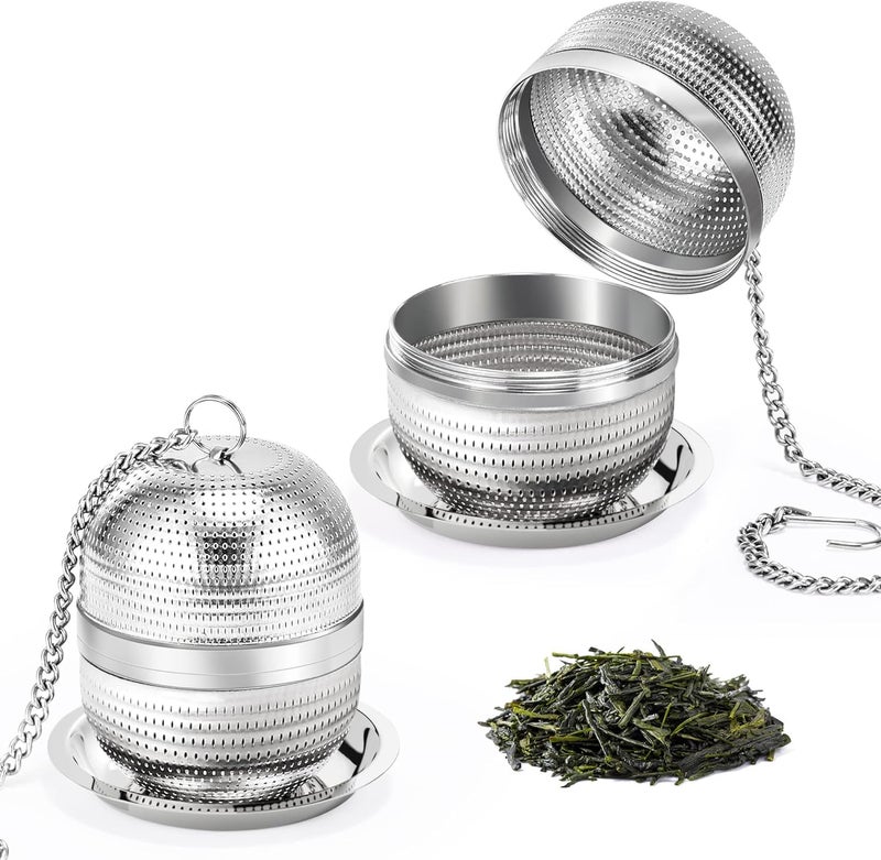 Yoassi 2 Pack Tea Infusers for Loose Tea, Extra Fine Mesh 18/8 Stainless Steel Tea Strainers, Loose Leaf Tea Steeper Tea Ball Tea Diffuser Tea Holder with Extended Chain Hook and Drip Tray - Image 1