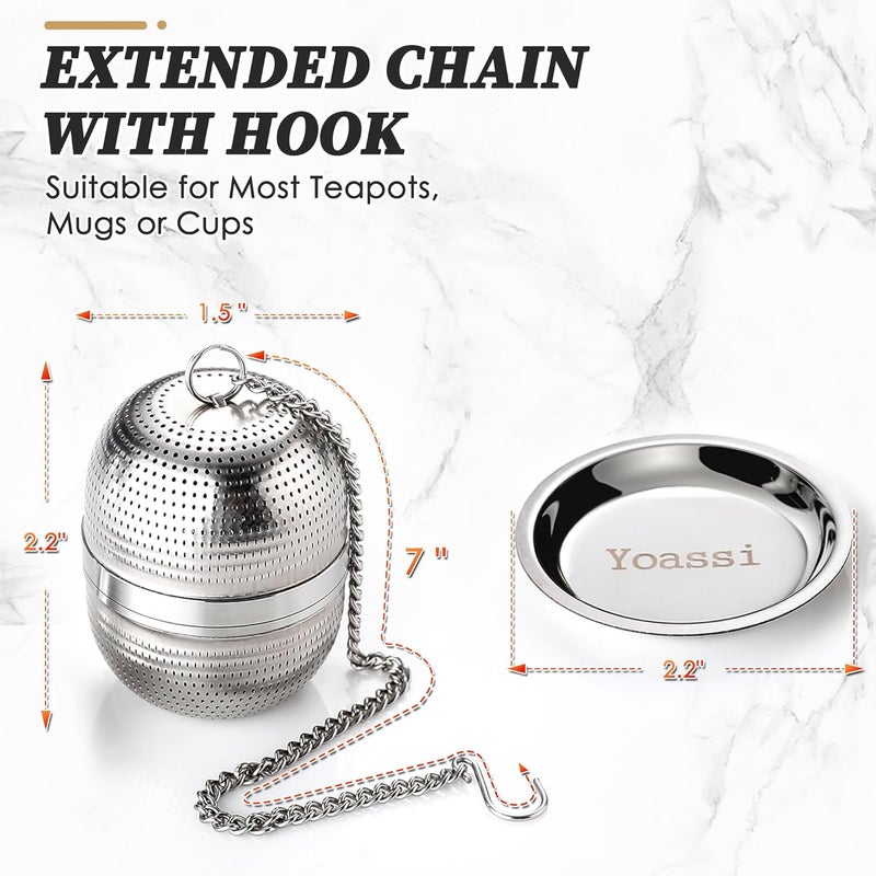 Yoassi 2 Pack Tea Infusers for Loose Tea, Extra Fine Mesh 18/8 Stainless Steel Tea Strainers, Loose Leaf Tea Steeper Tea Ball Tea Diffuser Tea Holder with Extended Chain Hook and Drip Tray - Image 2