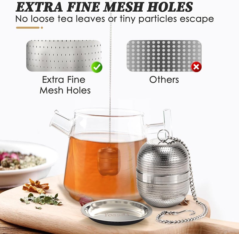 Yoassi 2 Pack Tea Infusers for Loose Tea, Extra Fine Mesh 18/8 Stainless Steel Tea Strainers, Loose Leaf Tea Steeper Tea Ball Tea Diffuser Tea Holder with Extended Chain Hook and Drip Tray - Image 3