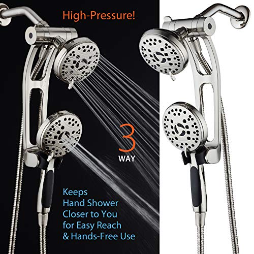 AquaSpa High Pressure 48-mode Luxury 3-way Combo with Adjustable Extension Arm – Dual Rain & Handheld Shower Head – Extra Long 6 Foot Stainless Steel Hose – All Brushed Nickel Finish – Top US Brand - Image 2