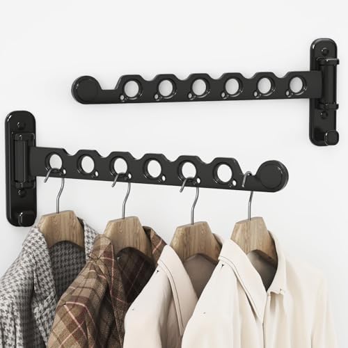 dancrul Wall Mounted Clothes Hanger Rack Foldable Drying Rack Hook Folding Indoor for Laundry Room Organization Bedroom Collapsible Racks Perfect for Small Spaces, 6 Hole Black 2 Packs - Image 1