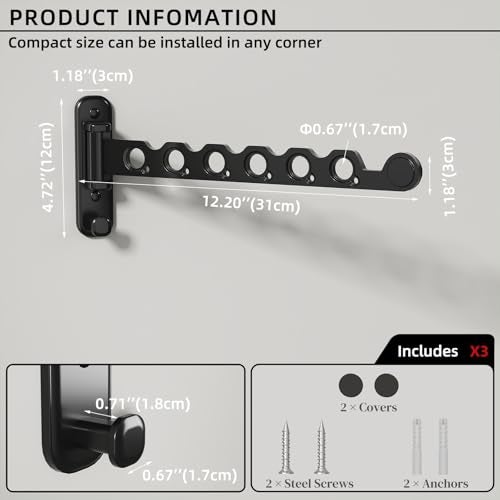 dancrul Wall Mounted Clothes Hanger Rack Foldable Drying Rack Hook Folding Indoor for Laundry Room Organization Bedroom Collapsible Racks Perfect for Small Spaces, 6 Hole Black 2 Packs - Image 2