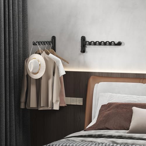 dancrul Wall Mounted Clothes Hanger Rack Foldable Drying Rack Hook Folding Indoor for Laundry Room Organization Bedroom Collapsible Racks Perfect for Small Spaces, 6 Hole Black 2 Packs - Image 3