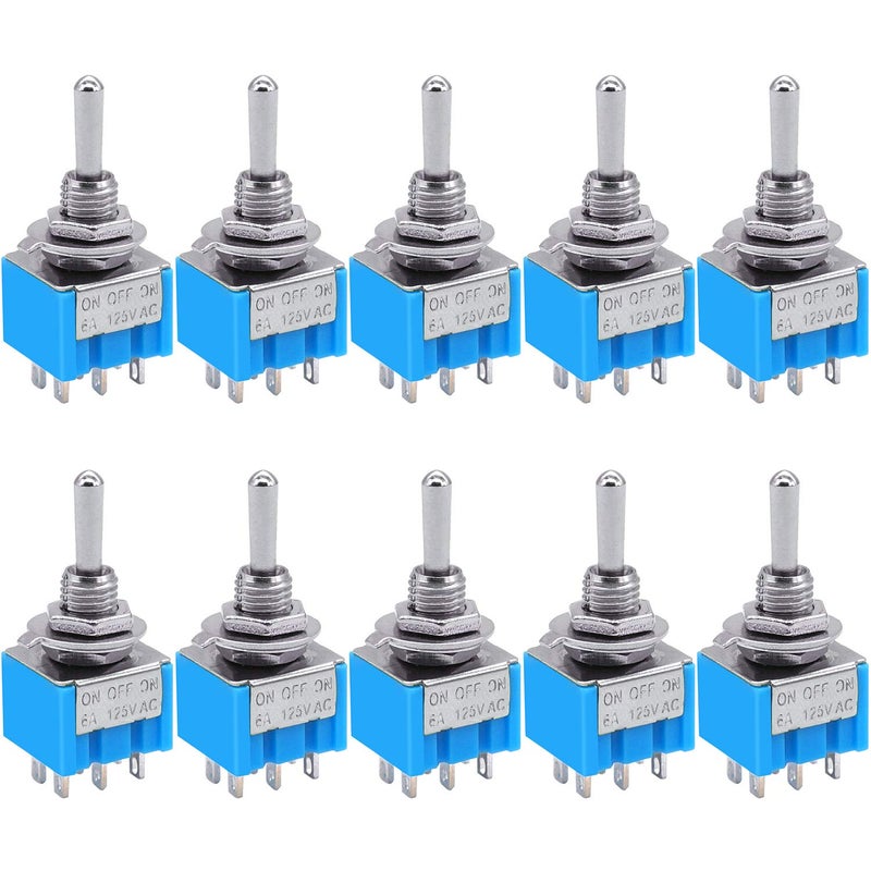 Taiss 10pcs DPDT Mini Toggle Switch - 6-Pin 3 Position ON/Off/ON - 6A 125V MTS-203 - Image 1