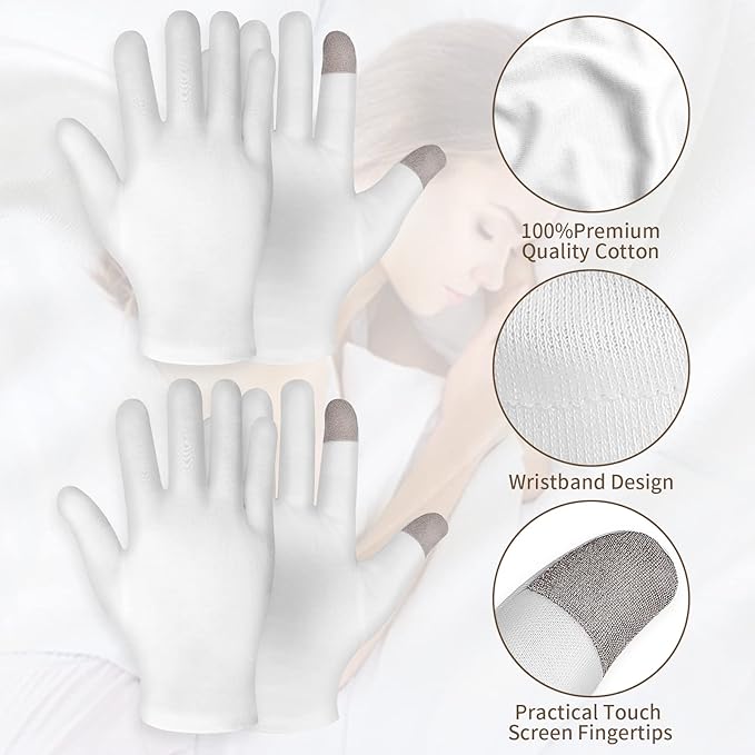 WLLHYF 2 Pairs Moisturizing Gloves White Cotton 360 Touch Screen Gloves for Women Men Overnight Bedtime Nighttime Lotion Dry Hands Spa Cosmetic Treatment Moisturizing Bathing Accessories Gloves - Image 3