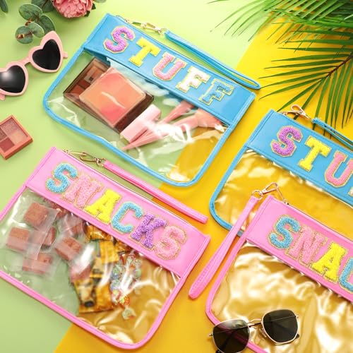 Abbylike 12 Pcs Snack Bags Clear Chenille Letter Stuff and Snacks Zipper Pouch Waterproof PVC Large Travel Makeup Cosmetic Storage Organizer Bag for Mom Team Cheerleaders Teacher (Blue and Pink) - Image 2