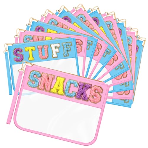 Abbylike 12 Pcs Snack Bags Clear Chenille Letter Stuff and Snacks Zipper Pouch Waterproof PVC Large Travel Makeup Cosmetic Storage Organizer Bag for Mom Team Cheerleaders Teacher (Blue and Pink) - Image 1