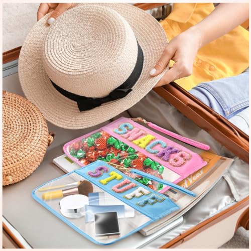 Abbylike 12 Pcs Snack Bags Clear Chenille Letter Stuff and Snacks Zipper Pouch Waterproof PVC Large Travel Makeup Cosmetic Storage Organizer Bag for Mom Team Cheerleaders Teacher (Blue and Pink) - Image 5