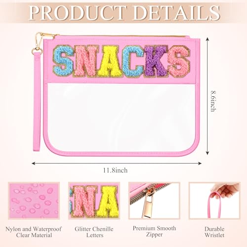 Abbylike 12 Pcs Snack Bags Clear Chenille Letter Stuff and Snacks Zipper Pouch Waterproof PVC Large Travel Makeup Cosmetic Storage Organizer Bag for Mom Team Cheerleaders Teacher (Blue and Pink) - Image 3