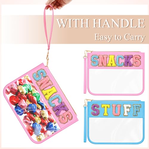 Abbylike 12 Pcs Snack Bags Clear Chenille Letter Stuff and Snacks Zipper Pouch Waterproof PVC Large Travel Makeup Cosmetic Storage Organizer Bag for Mom Team Cheerleaders Teacher (Blue and Pink) - Image 4