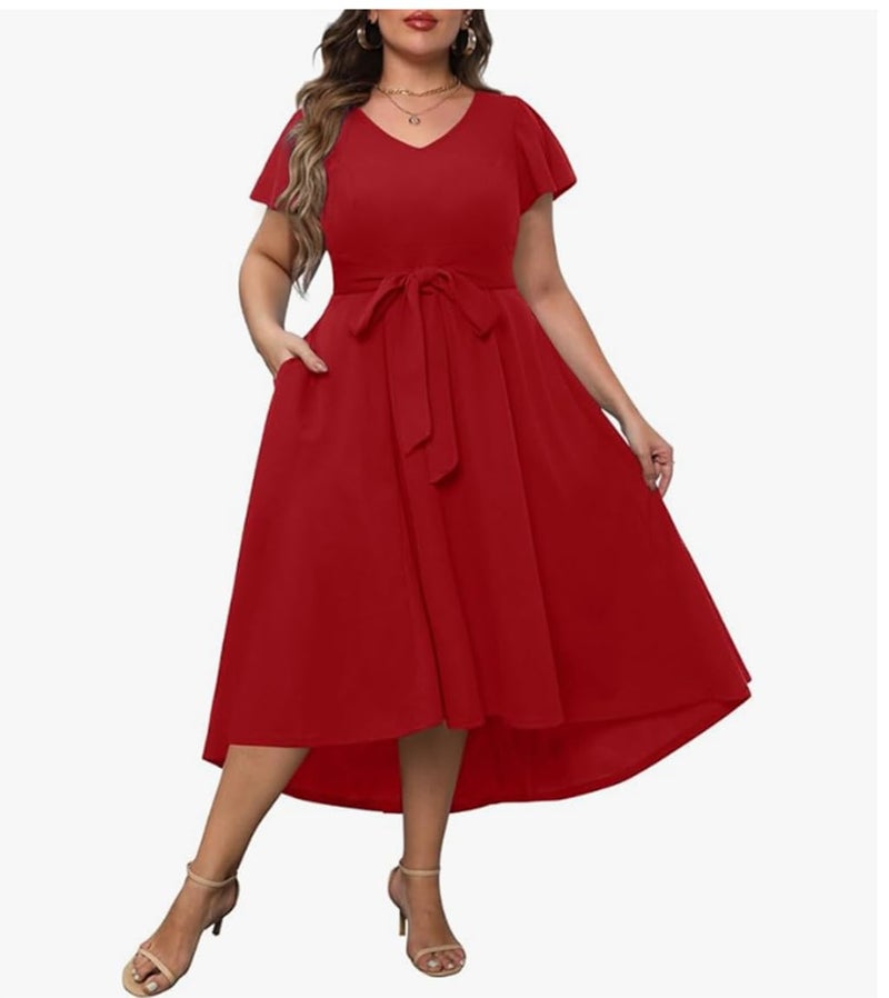 TATAIYA Women Plus Size V-Neck High-Low Maxi Maxi Gown Dress (Red_5XL) - Image 2