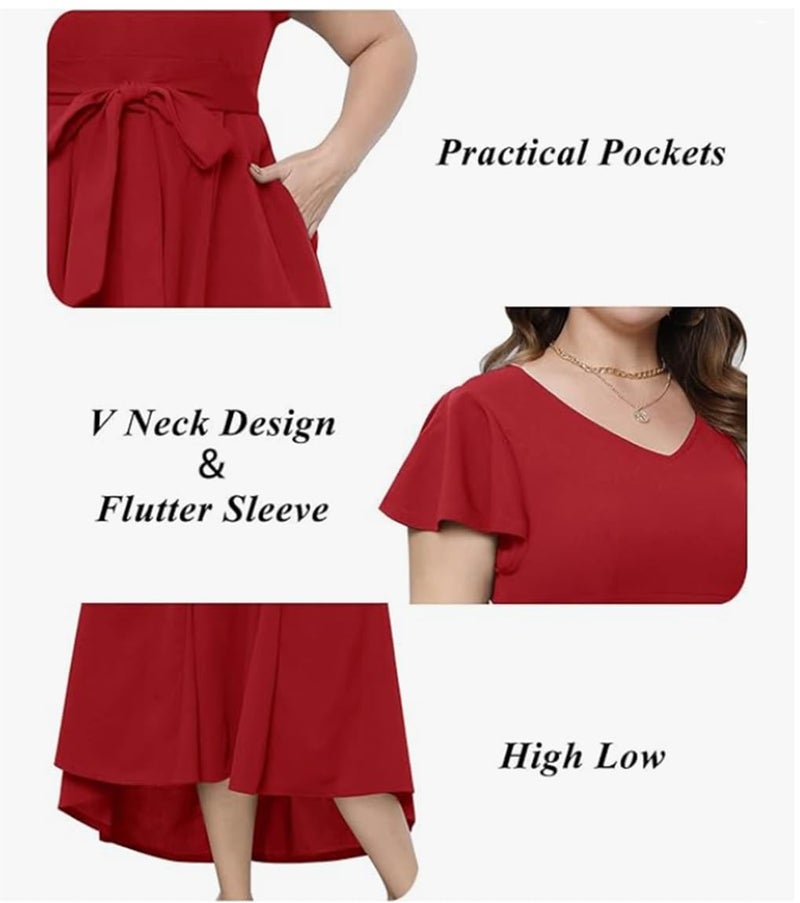 TATAIYA Women Plus Size V-Neck High-Low Maxi Maxi Gown Dress (Red_5XL) - Image 5