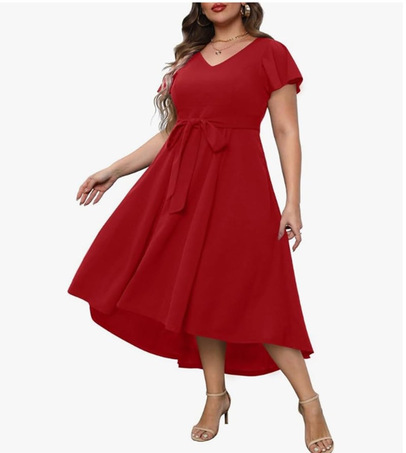 TATAIYA Women Plus Size V-Neck High-Low Maxi Maxi Gown Dress (Red_5XL) - Image 4
