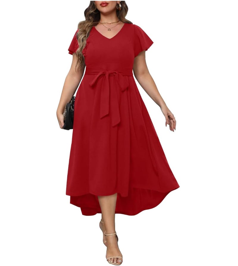 TATAIYA Women Plus Size V-Neck High-Low Maxi Maxi Gown Dress (Red_5XL) - Image 1