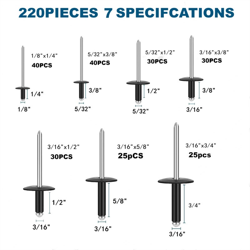 LAZIRO 220PCS Large Flange Aluminum Blind Rivetsï¼ŒBlack Rivets Pop Rivets Assortment Kit, 7 Sizes Aluminum Rivets (1/8" 5/32"3/16") Assorted Blind Rivets with Case - Image 2