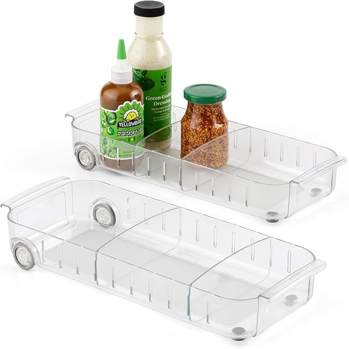 LEVGRY RollOut Fridge Caddy Divided Pull Out Fridge Drawer Organizer Clear on Wheels Refrigerator Storage Bins for Veggie Pantry Snackle Box Under Sink Bathroom Organization pack of 1 - Image 1