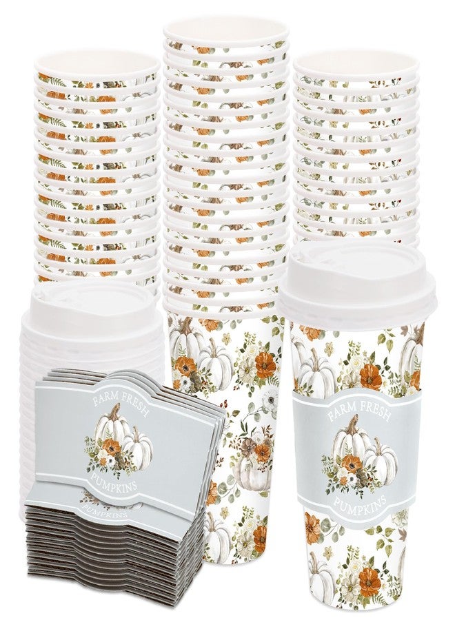 JarThenaAMCS 50 Sets Fall Coffee Cups with Lids and Sleeves 16oz Floral White Pumpkin Paper Cup Disposable To Go Coffee Cup for Autumn Thanksgiving Party - Image 1