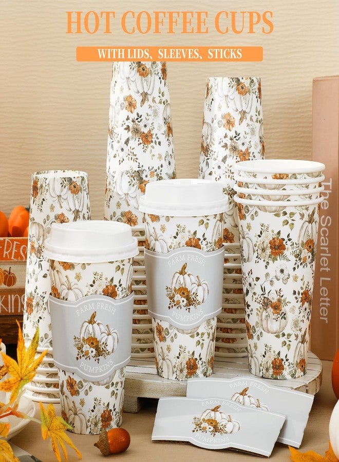 JarThenaAMCS 50 Sets Fall Coffee Cups with Lids and Sleeves 16oz Floral White Pumpkin Paper Cup Disposable To Go Coffee Cup for Autumn Thanksgiving Party - Image 3