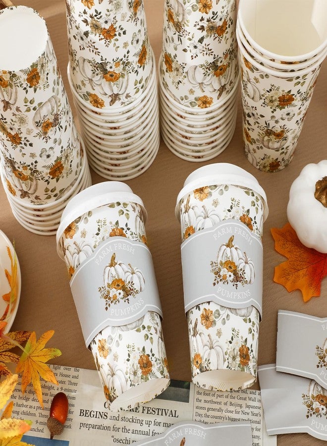 JarThenaAMCS 50 Sets Fall Coffee Cups with Lids and Sleeves 16oz Floral White Pumpkin Paper Cup Disposable To Go Coffee Cup for Autumn Thanksgiving Party - Image 5