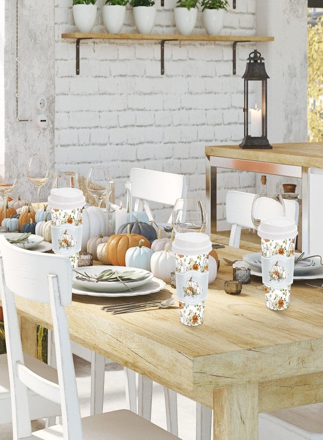 JarThenaAMCS 50 Sets Fall Coffee Cups with Lids and Sleeves 16oz Floral White Pumpkin Paper Cup Disposable To Go Coffee Cup for Autumn Thanksgiving Party - Image 4