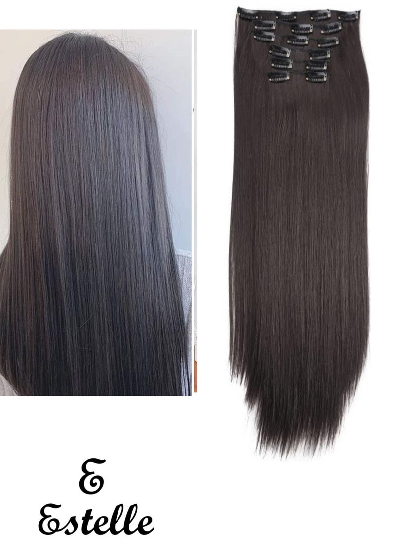 إستيل وصلات شعر بمشبك للنساء، قطع شعر من الألياف، وصلات شعر بلاستيكية سميكة مع مشابك غير مرئية للسيدات، 6 قطع بني داكن - Image 1