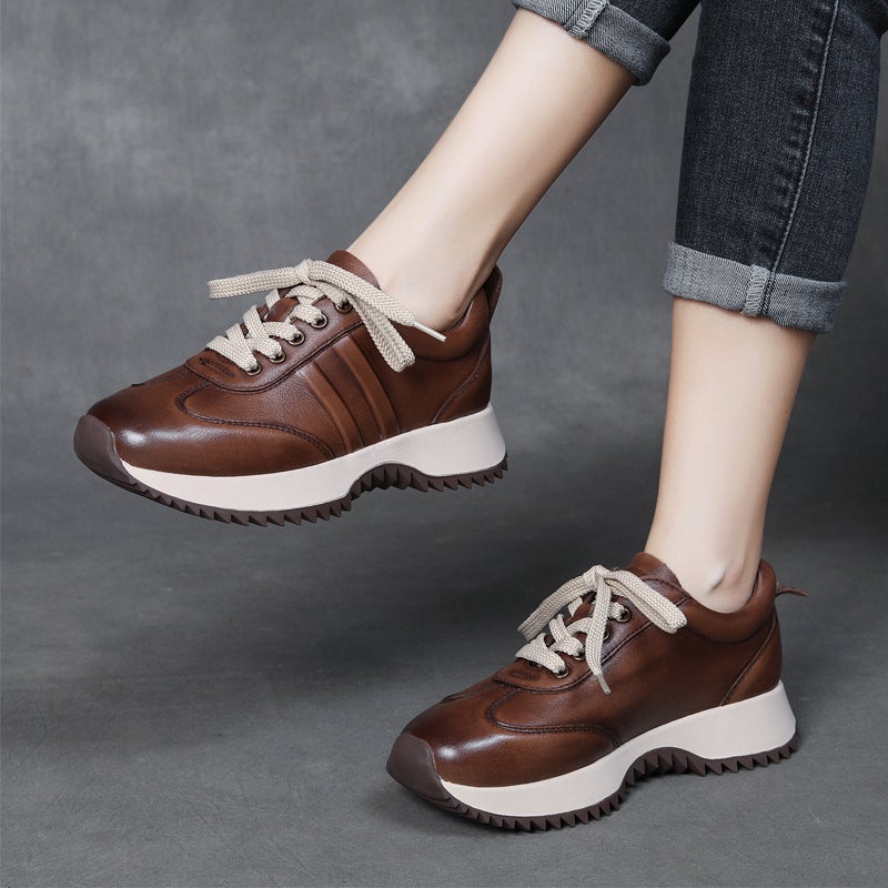 Autumn Winter New Pladis Leather Thick Sole Comfort Sneakers Women Coffee
