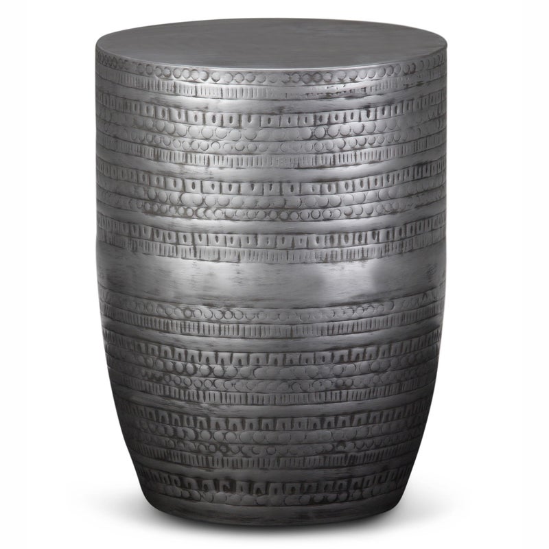Simpli Home SIMPLIHOME Johnsen Metal Table - 15 inch Wide Solid Iron Drum Accent Table in Antique Silver with Tribal Pattern, Round Boho End Table for Living Room, Bedroom, or Home Office, Fully Assembled - Image 1
