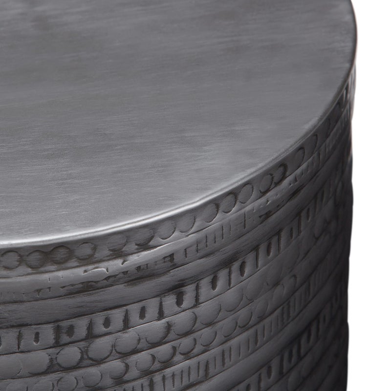 Simpli Home SIMPLIHOME Johnsen Metal Table - 15 inch Wide Solid Iron Drum Accent Table in Antique Silver with Tribal Pattern, Round Boho End Table for Living Room, Bedroom, or Home Office, Fully Assembled - Image 4